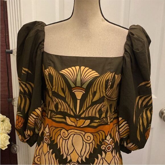 Johanna Ortiz Elegant Brown and Orange Patterned puffy sleeves mini Dress, US8 - Picture 7 of 14